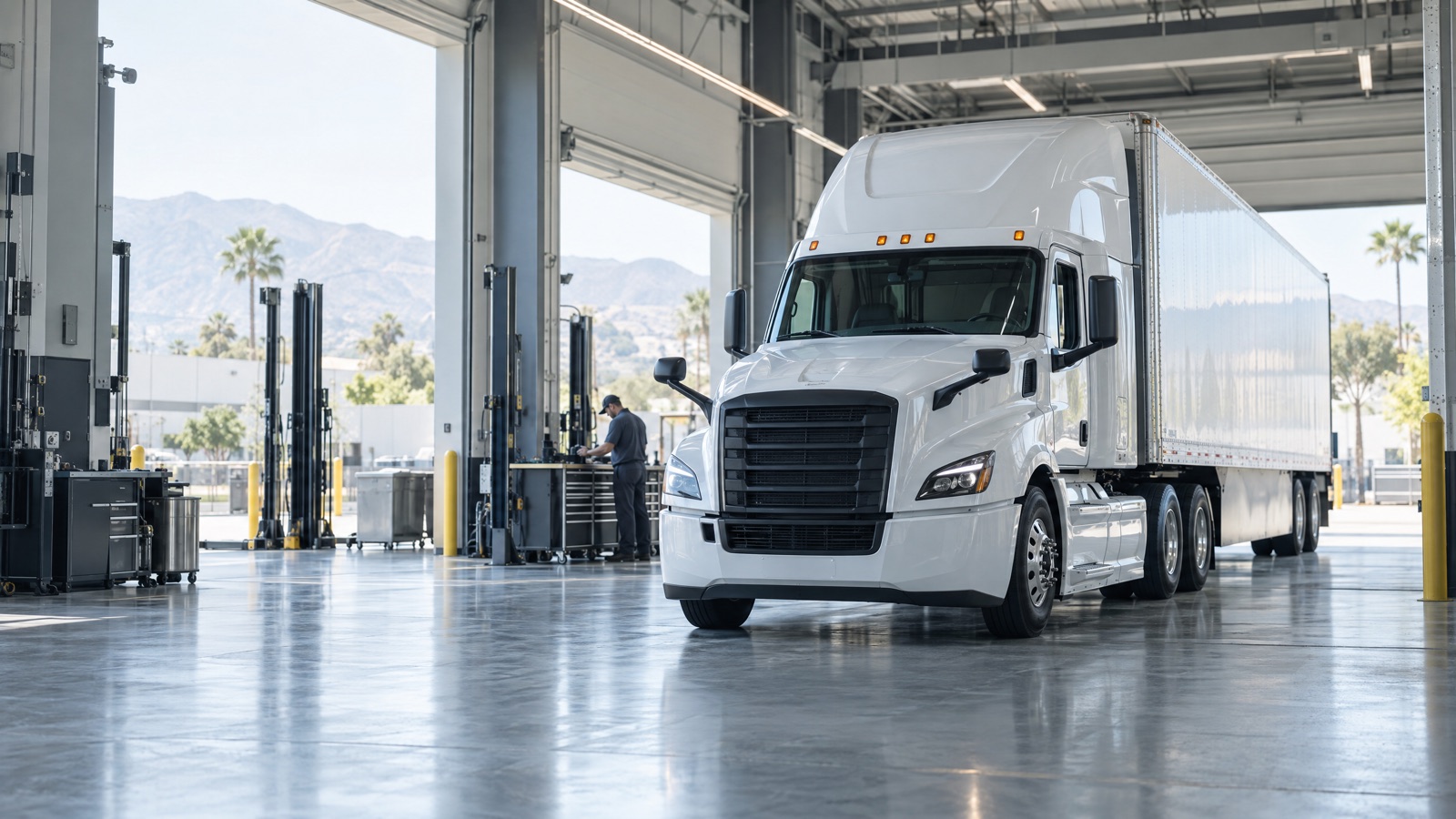 Heavy-duty commercial truck inside a bright service facility